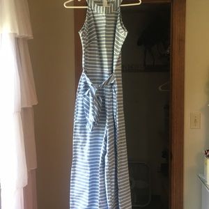 Blue and white stripped jump suit